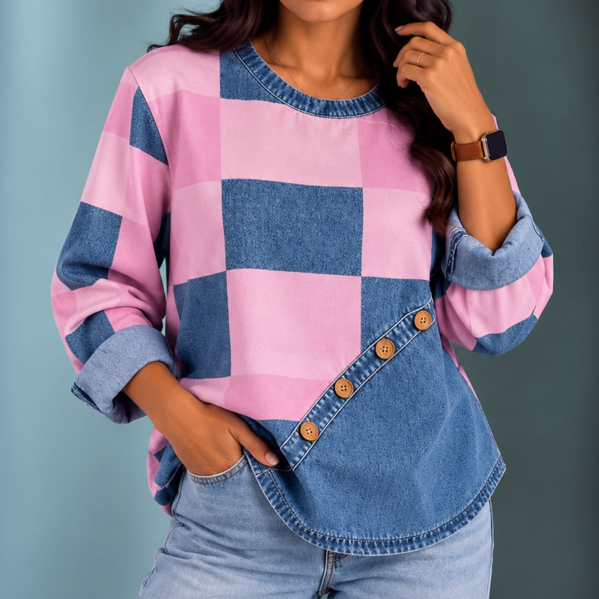 Tessy | Women's Patchwork Color-Block Button Trim Sweatshirt