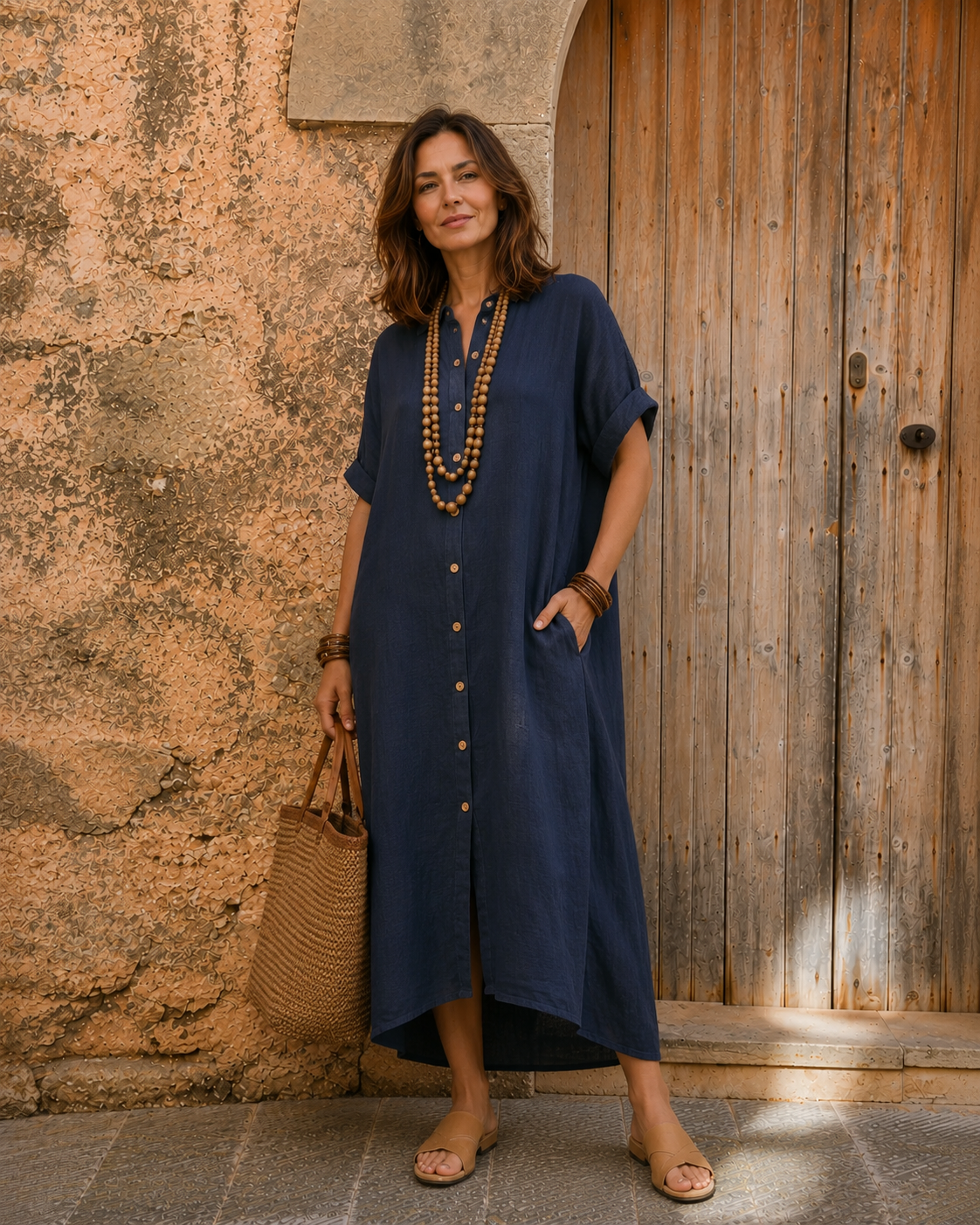 Nicloin | Cotton-Linen Midi Shirt Dress with Rolled Cuffs