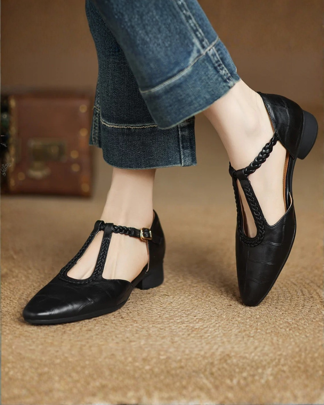 Margie | Women's Leather T-Strap Mary Jane Flats Pointed Toe Flat
