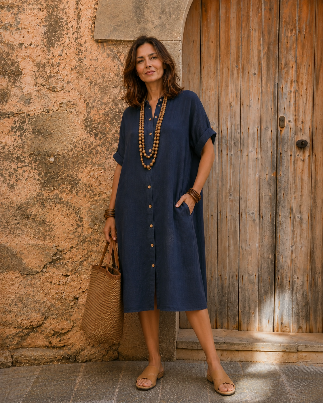 Nicloin | Cotton-Linen Midi Shirt Dress with Rolled Cuffs