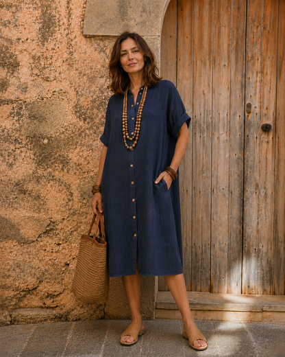 Nicloin | Cotton-Linen Midi Shirt Dress with Rolled Cuffs