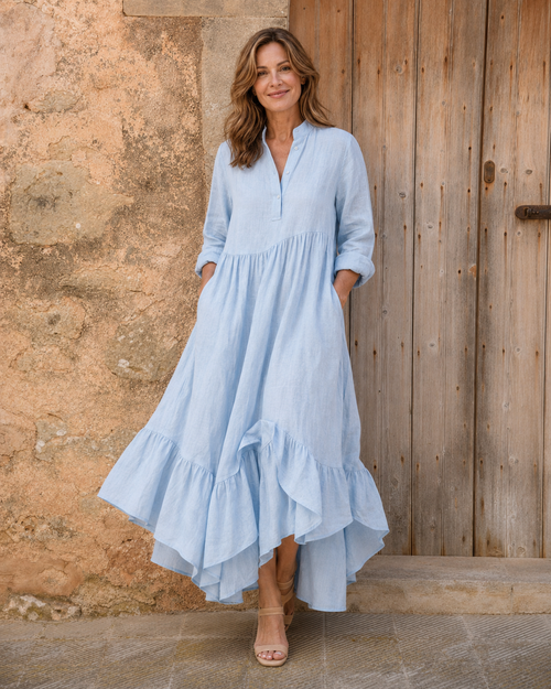 Jils | Stand-Collar Button-Front Ruffle Hem Maxi Dress