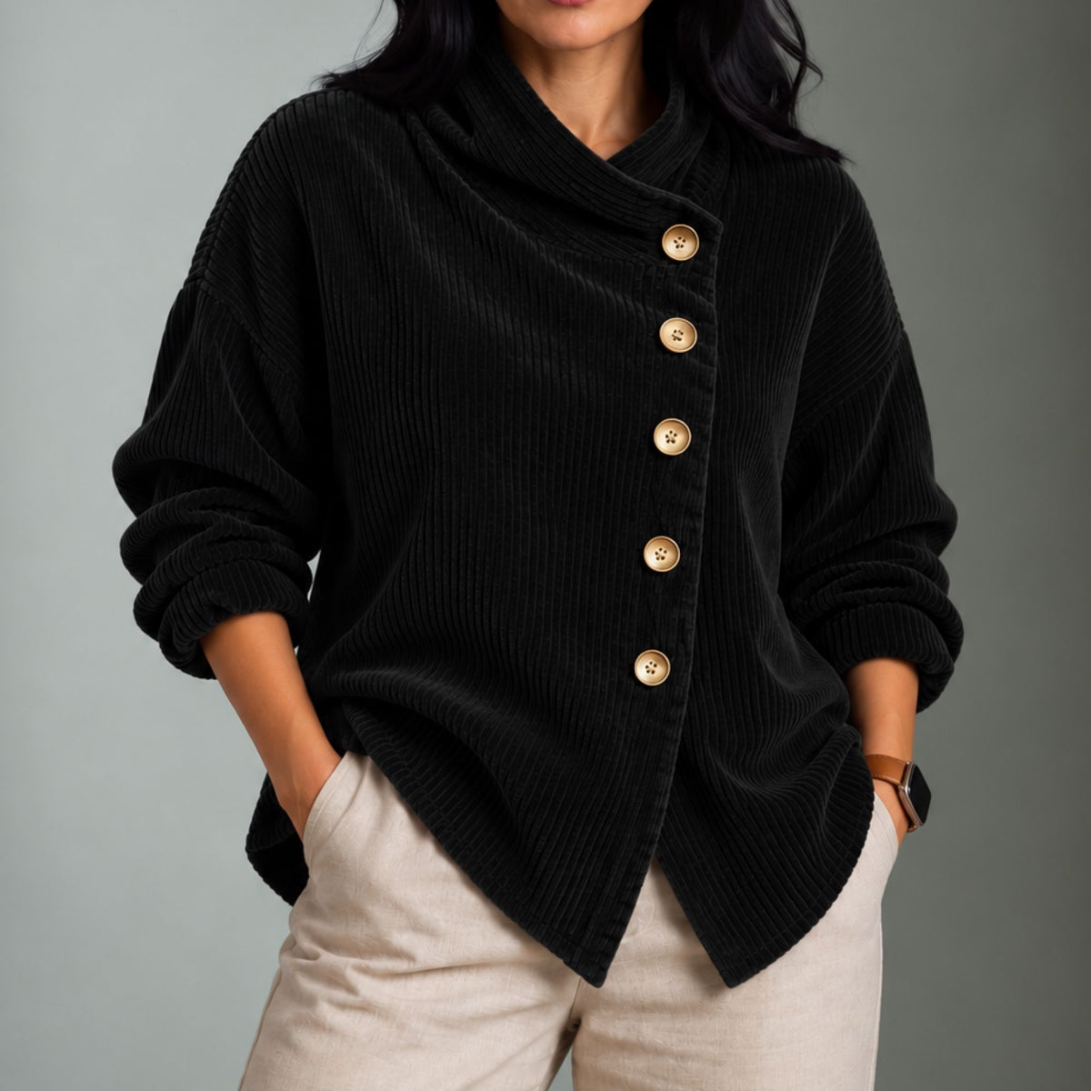 Averiy | Women's Wrap Collar Corduroy Button-Up Top