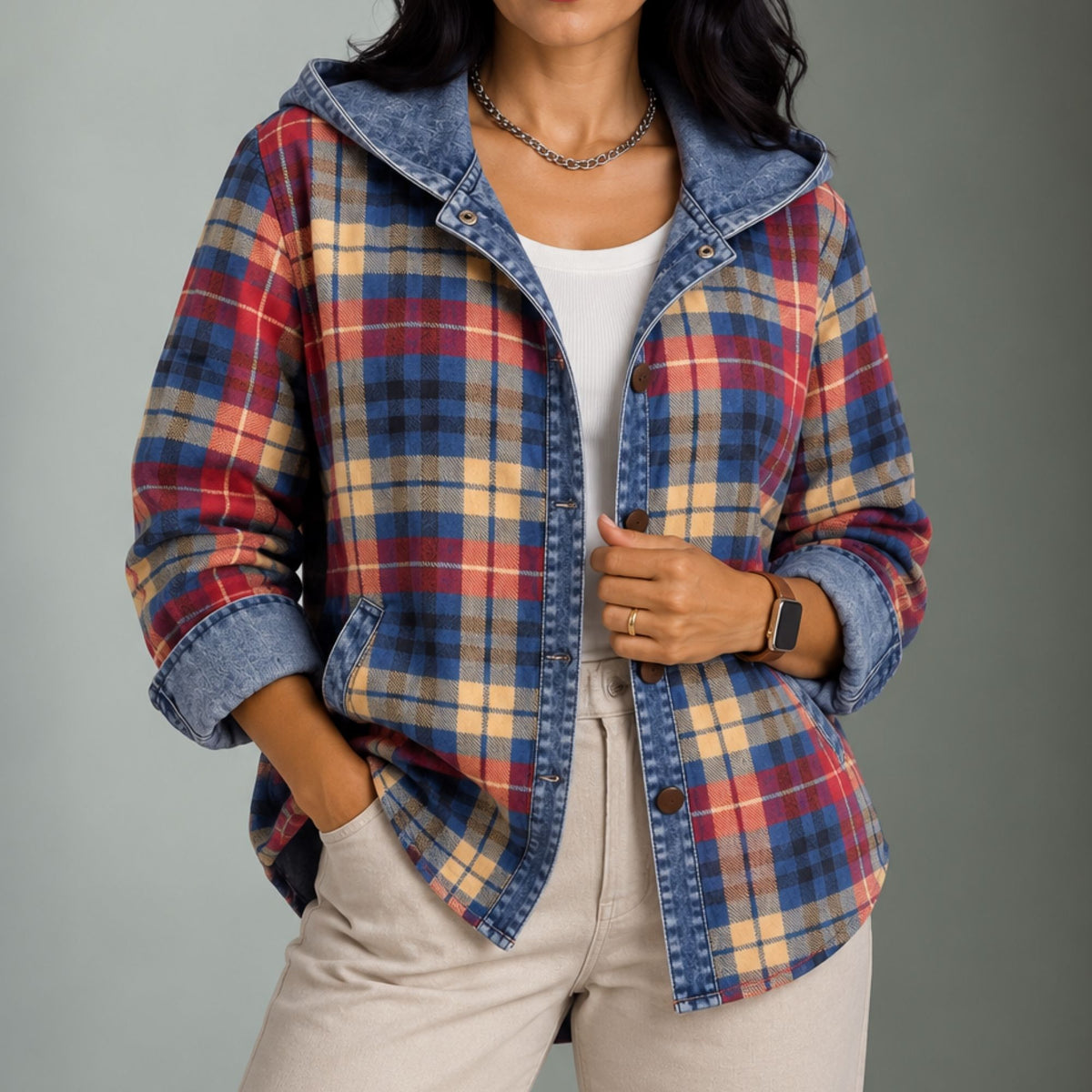 Didian | Women's Hooded Plaid Button-Front Shacket