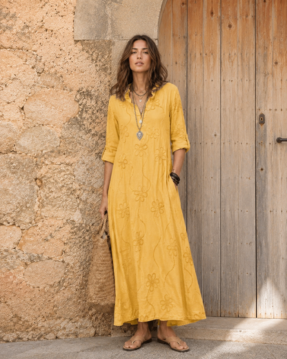 Meriams | Cotton-Linen Maxi Dress with Tonal Floral Embroidery
