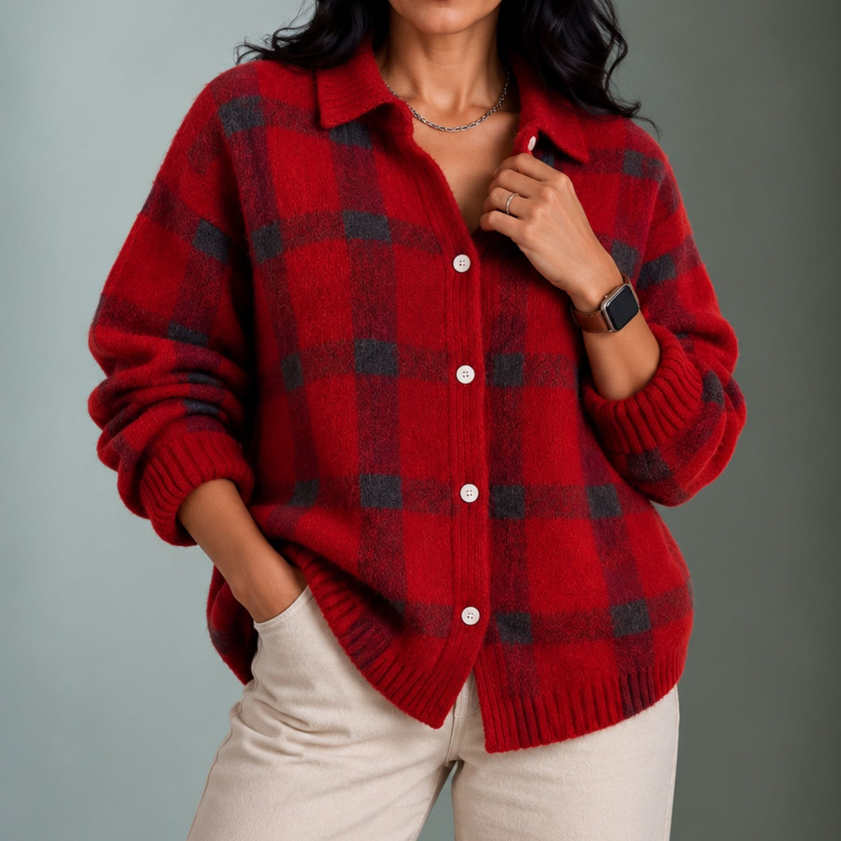 Irishy | Women's Plaid Open-Front Knit Cardigan