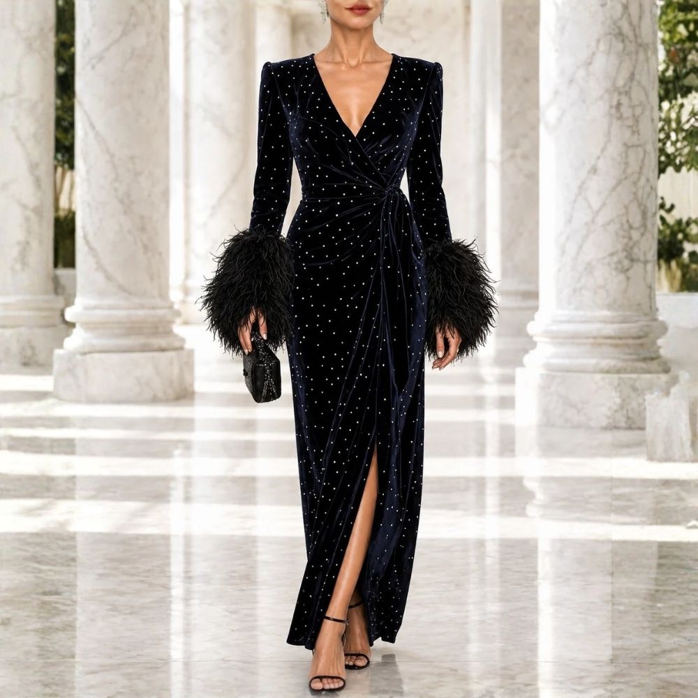 Celestine | Feather Cuff Velvet Maxi Dress