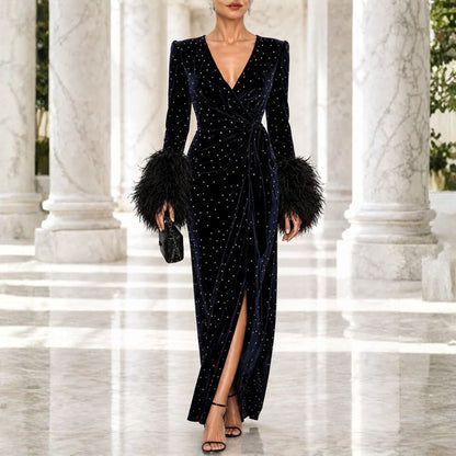 Celestine | Feather Cuff Velvet Maxi Dress