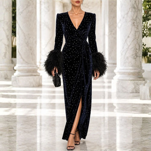 Celestine | Feather Cuff Velvet Maxi Dress