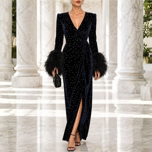 Celestine | Feather Cuff Velvet Maxi Dress