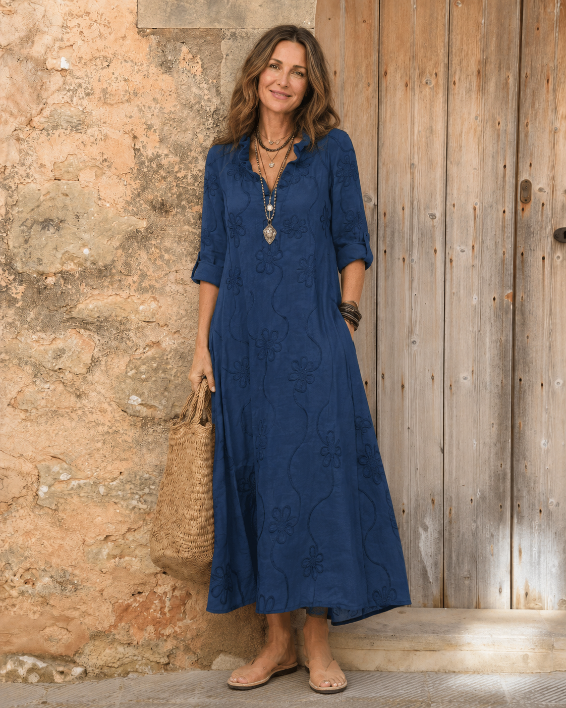 Meriams | Cotton-Linen Maxi Dress with Tonal Floral Embroidery