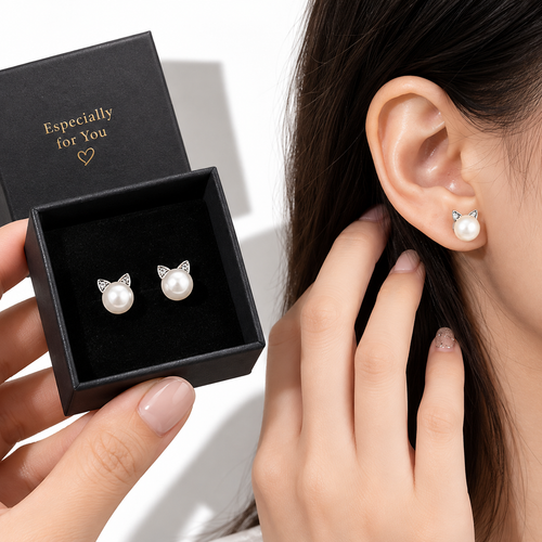 Sterling Silver Cat Pearl Stud Earrings