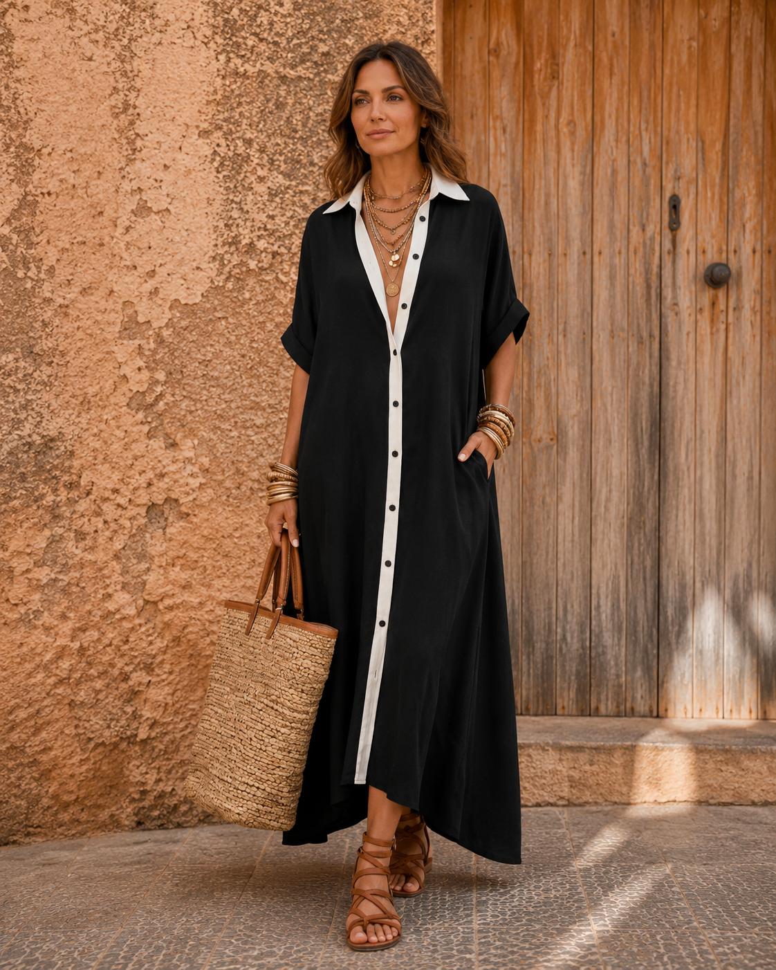 Samira | Contrast-Collar Button-Front Short-Sleeve Maxi Shirt Dress
