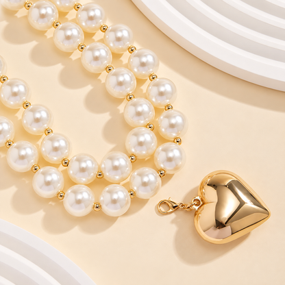 Chunky Pearl Beaded Heart Necklace Set 2pcs