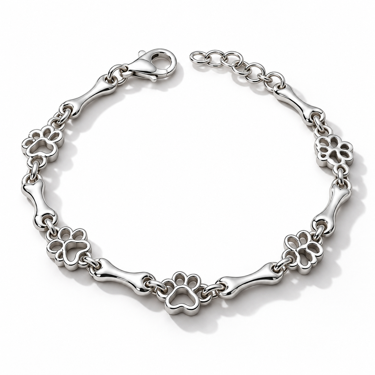 Pure Silver Dog Paw and Bone Charms Bracelet