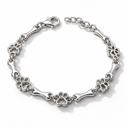 Pure Silver Dog Paw and Bone Charms Bracelet