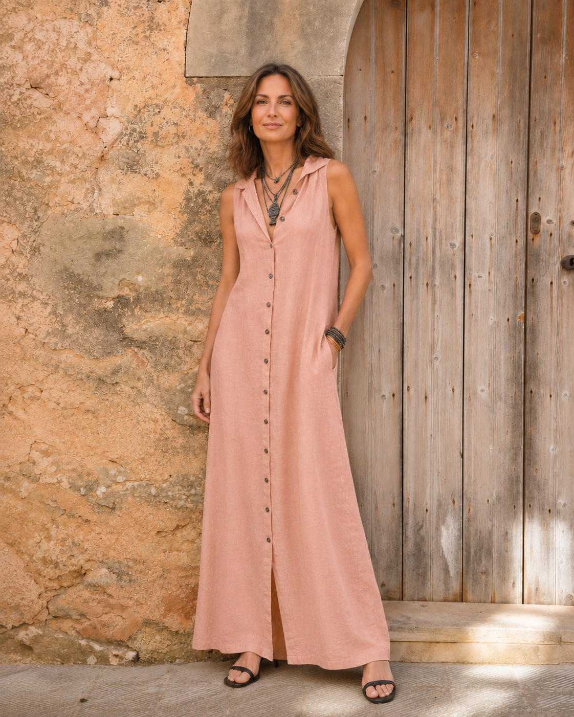 Mirella | Hooded Button-Front Sleeveless Linen Maxi Dress