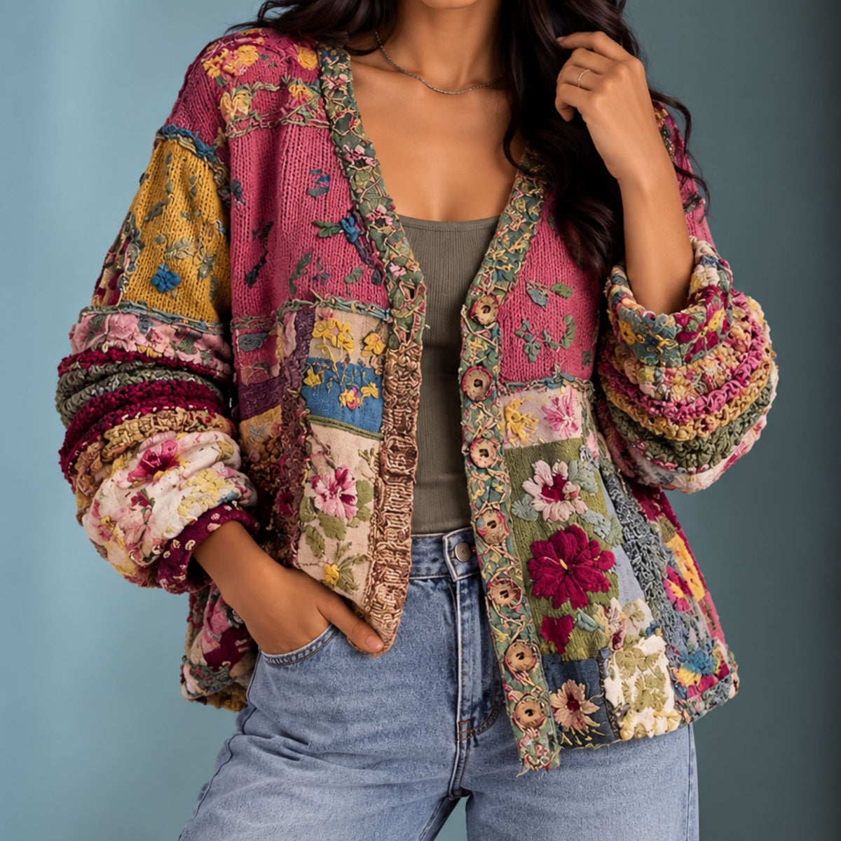 Amal | Women's Patchwork Floral Knit Cardigan