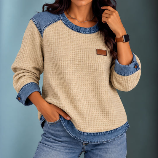 Olive | Women's Waffle-Knit Patchwork Trim Sweatshirt