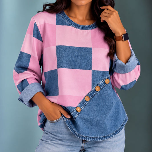 Tessy | Women's Patchwork Color-Block Button Trim Sweatshirt