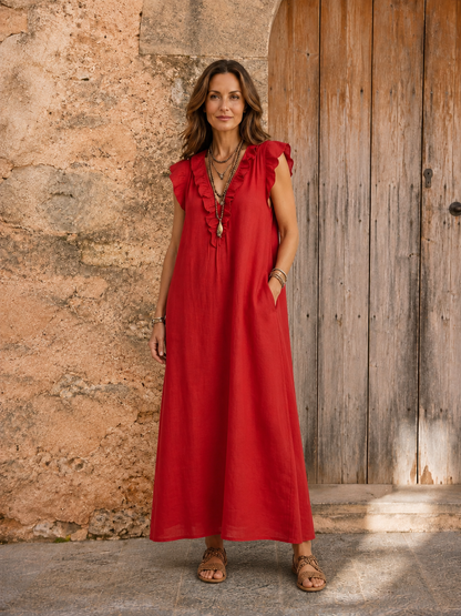 Joshapine | Ruffle V-Neck Linen Maxi Dress