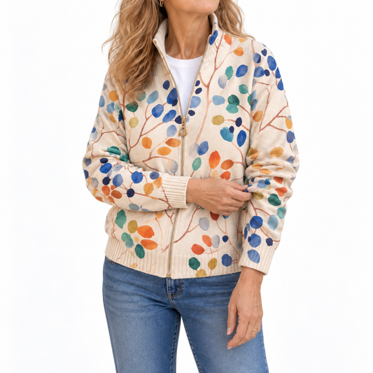 DELPHINA BOTANICAL LEAF PRINT ZIP CARDIGAN