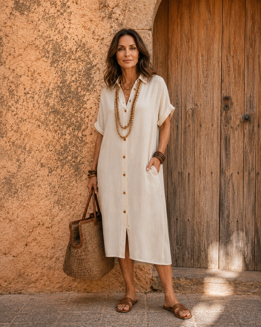 Nicloin | Cotton-Linen Midi Shirt Dress with Rolled Cuffs