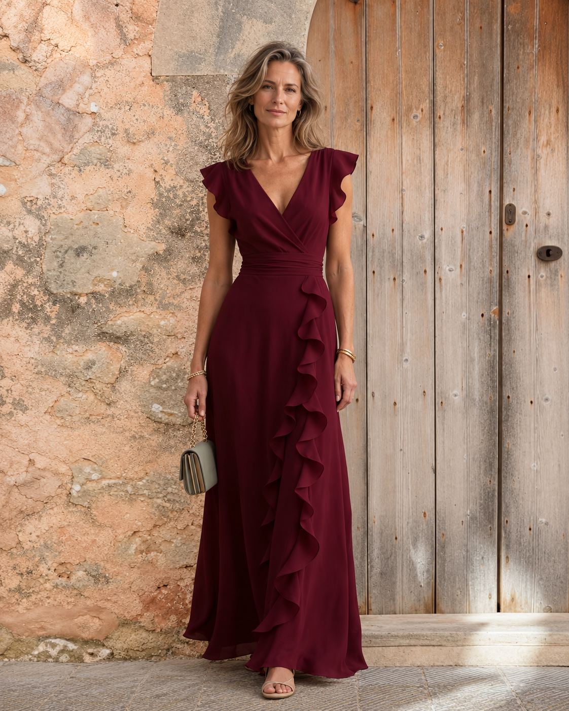 Nayya | Wrap-Style V-Neck Flutter-Sleeve Cascading Ruffle Maxi Dress
