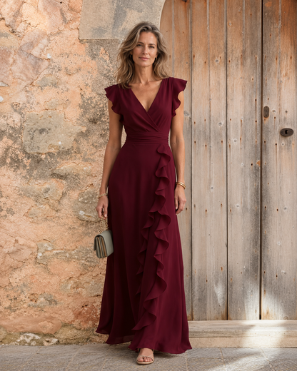 Nayya | Wrap-Style V-Neck Flutter-Sleeve Cascading Ruffle Maxi Dress