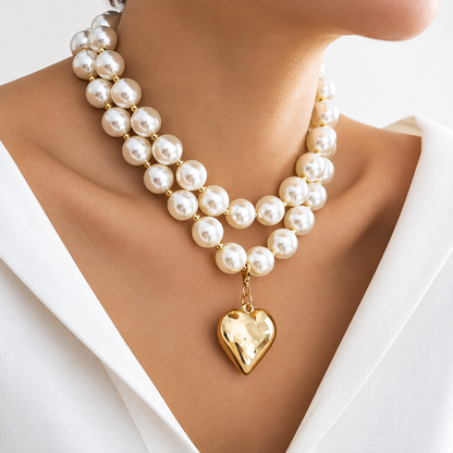 Chunky Pearl Beaded Heart Necklace Set 2pcs