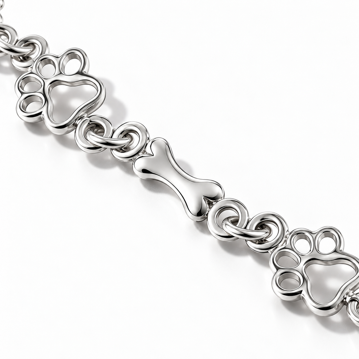 Pure Silver Dog Paw and Bone Charms Bracelet