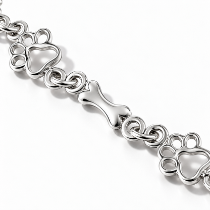 Pure Silver Dog Paw and Bone Charms Bracelet