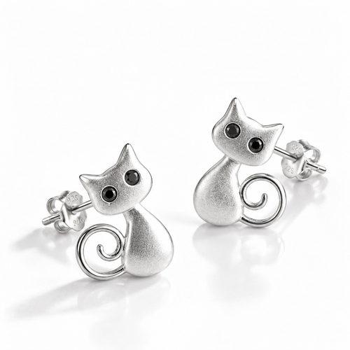 Silver Cat Stud Earrings