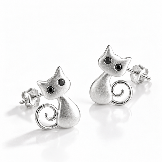 Silver Cat Stud Earrings