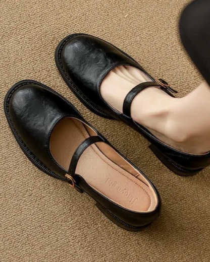 Elany | Women's Leather Mary Jane Shoes Low Block Heel Strap