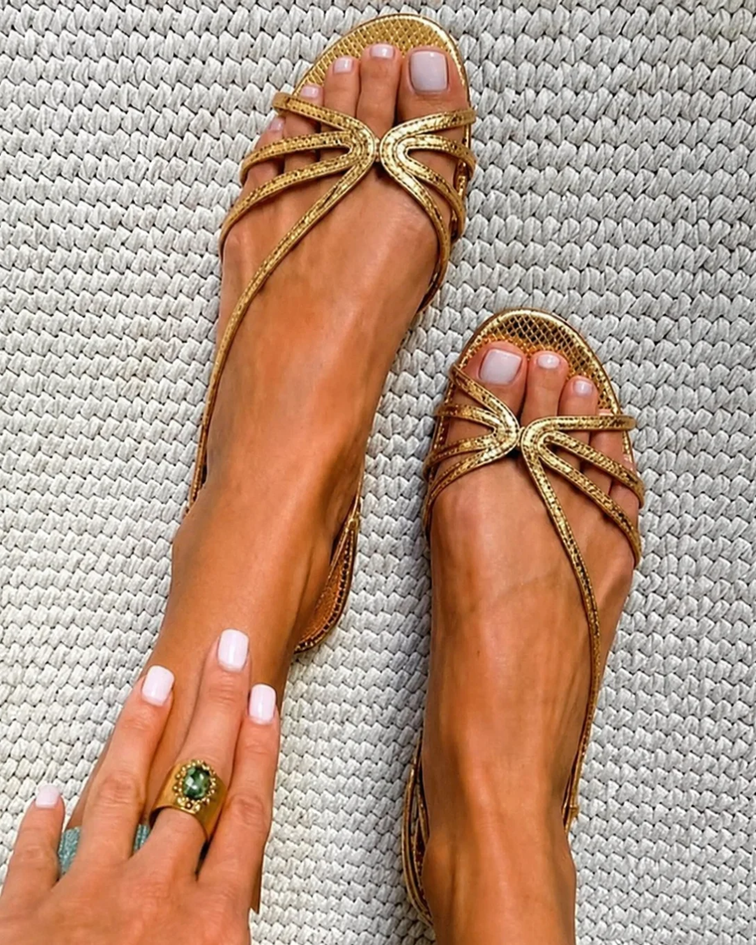 Camilla Diaz | Golden Sandals, Summer Elegance Comfort