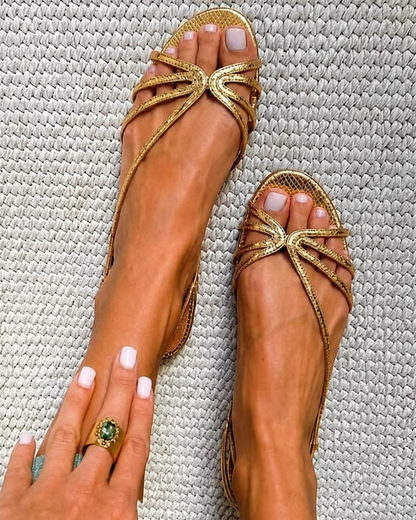Camilla Diaz | Golden Sandals, Summer Elegance Comfort