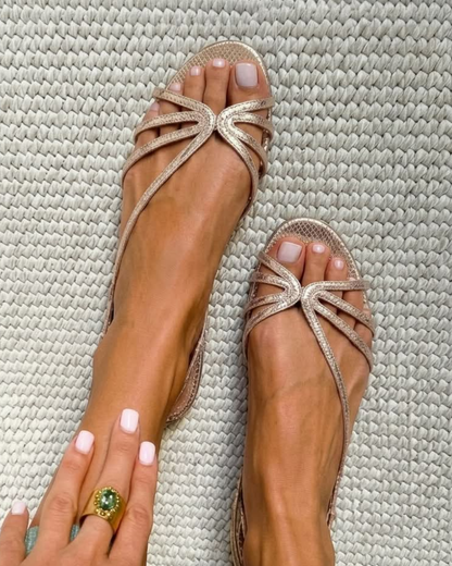 Camilla Diaz | Golden Sandals, Summer Elegance Comfort