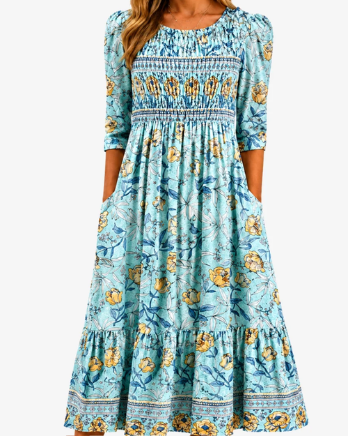 Golden Bloom Smocked Garden | Midi Dress