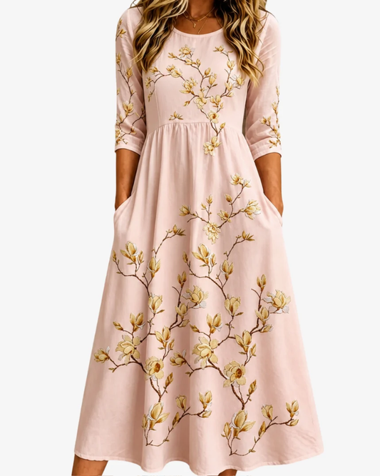 Golden Magnolia Bloom | Pocket Midi Dress