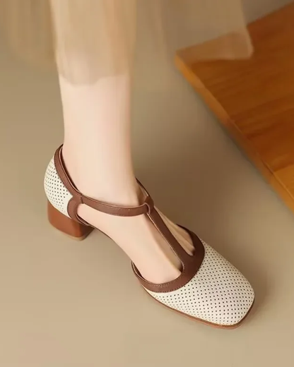 Pipen | Women's T-Strap Block Heel Shoes Square Toe Mid Heel Pumps