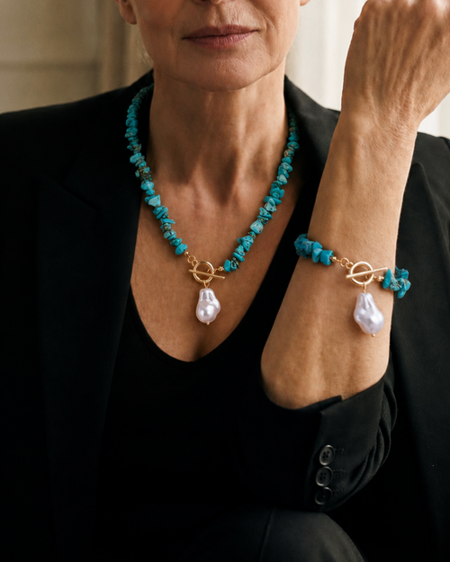 Pierre Turquoise & Pearl Necklace Bracelet Set