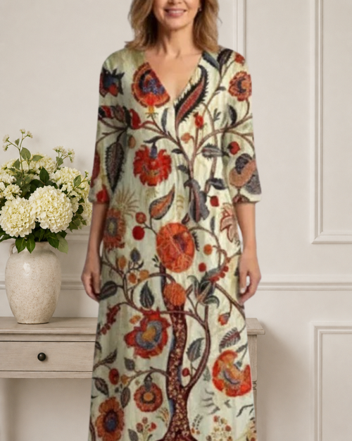 Milanda | V Neck Long Sleeve Floral Midi Dress