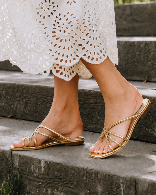 Camilla Diaz | Golden Sandals, Summer Elegance Comfort