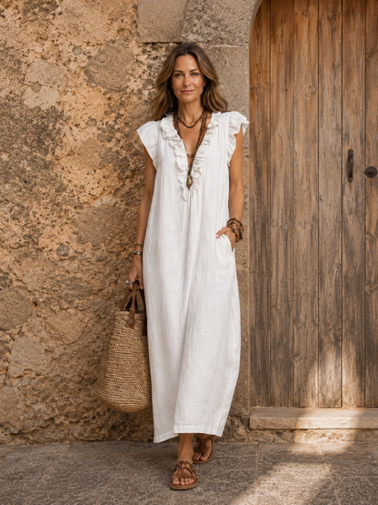 Joshapine | Ruffle V-Neck Linen Maxi Dress