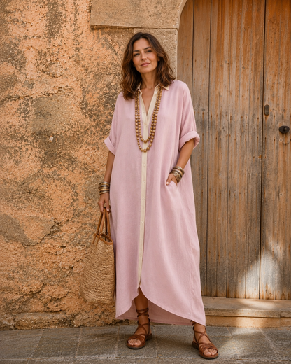 Samira | Contrast-Collar Button-Front Short-Sleeve Maxi Shirt Dress
