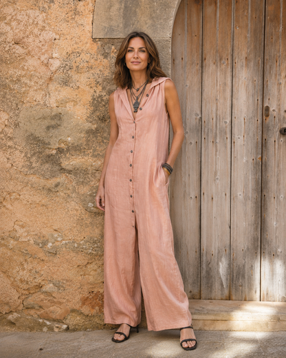 Mirella | Hooded Button-Front Sleeveless Linen Maxi Dress