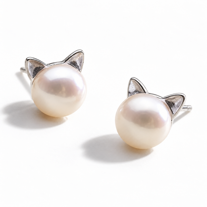Sterling Silver Cat Pearl Stud Earrings