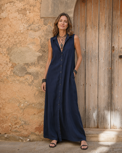 Mirella | Hooded Button-Front Sleeveless Linen Maxi Dress