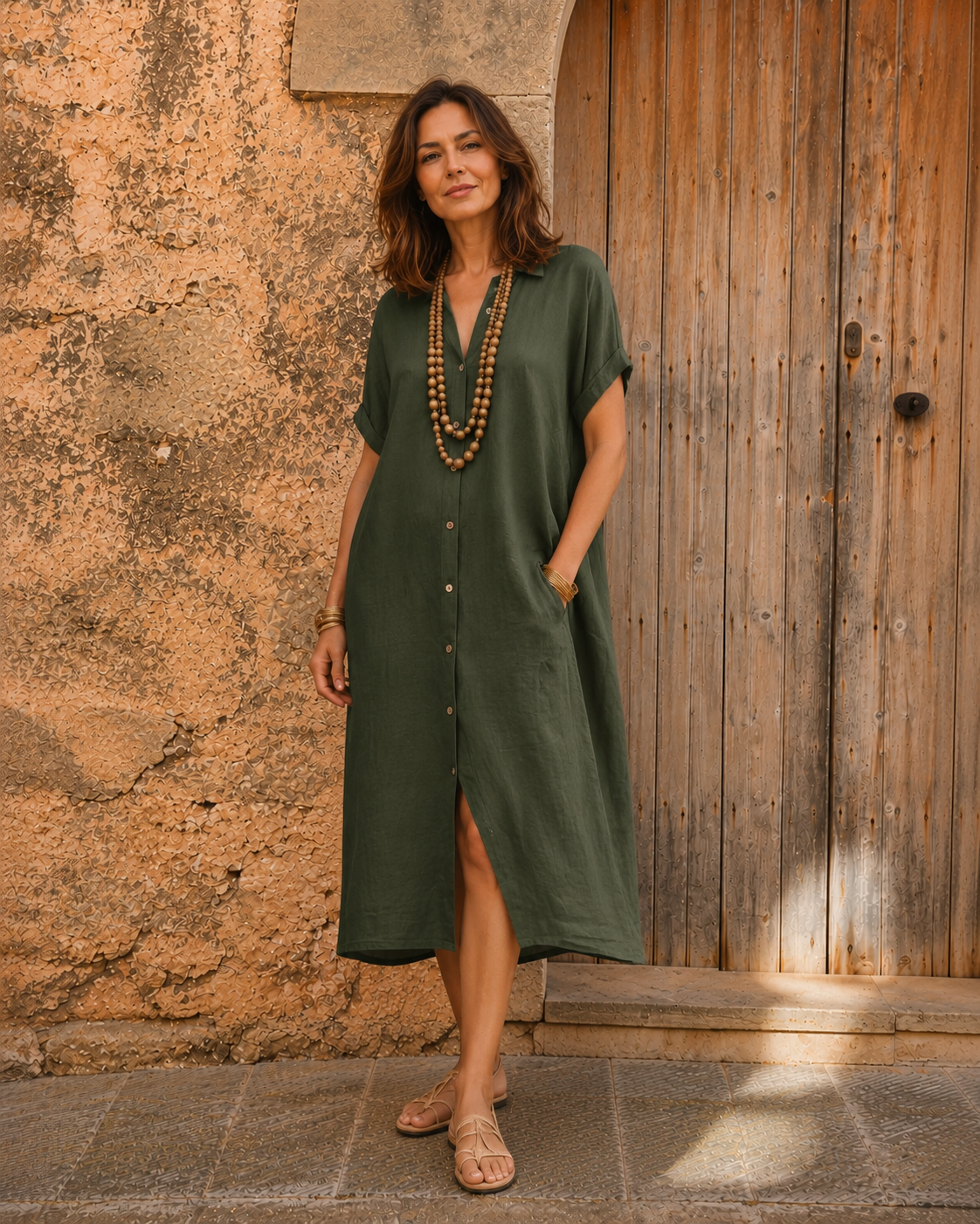 Nicloin | Cotton-Linen Midi Shirt Dress with Rolled Cuffs